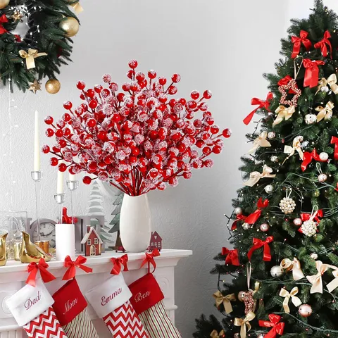 Snow Frosted Artificial Red Berry Stems For Christmas Tree Decoration Holiday Party Home Table Ornament Floral Branch Winter Decor