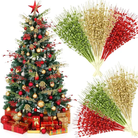 36Pcs Christmas Glitter Berry Stems Artificial Glitter Berries Picks For Christmas Tree Decoration DIY Vase Filler Festive Home Decor Party Supply