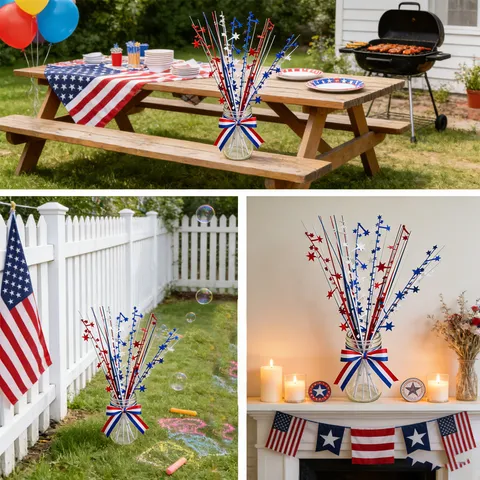 Independence Day Star Picks Red White Blue Glitter Star Stems For American National Day Patriotic Party Home Table Decor Artificial Floral Arrangement