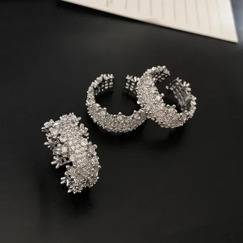 Exquisite Luxury Full Diamond Zirconia Open Ring For Women Adjustable Copper Ring Fashion Jewelry Elegant Silver Ring