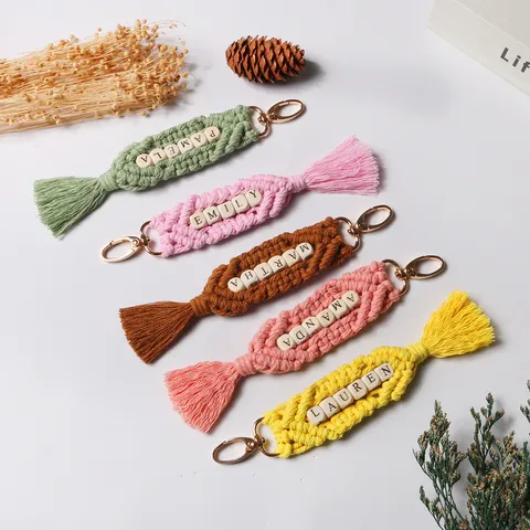 Bohemian Handmade Woven Cotton Rope Keychain With Wooden Letter Beads Tassel Bag Charm Car Key Ring For Women Gift