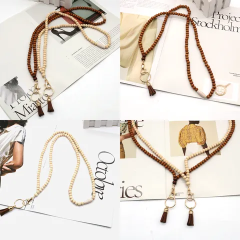 Bohemian Wooden Bead Beaded Lanyard Necklace For ID Badge Holder Keychain With Suede Tassel Handmade Pine Wood Beaded Cord
