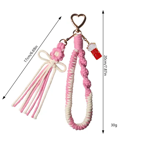 Handmade Woven Cotton Rope Flower Keychain With Heart Clip Tassel Bow Daisy Bag Charm For Women Lucky Cat Pendant Accessory