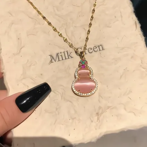 New Chinese Style Pink Cat Eye Stone Gourd Pendant Necklace Copper Alloy Rhinestone Gourd Earrings For Women Jewelry