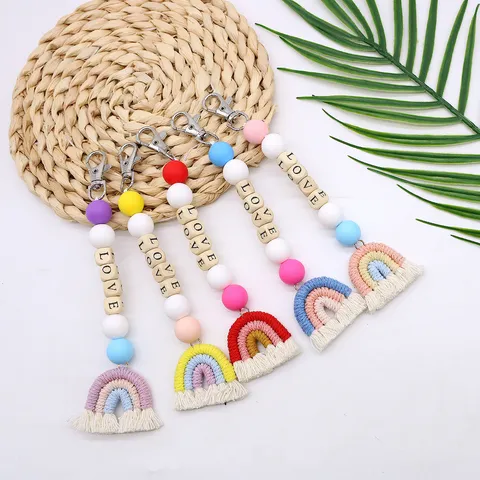 Handmade Macrame Rainbow Tassel Keychain DIY Wood Beads Love Letter Keyring Bohemian Cotton Rope Bag Charm Accessory For Women