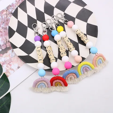 Handmade Macrame Rainbow Tassel Keychain DIY Wood Beads Love Letter Keyring Bohemian Cotton Rope Bag Charm Accessory For Women