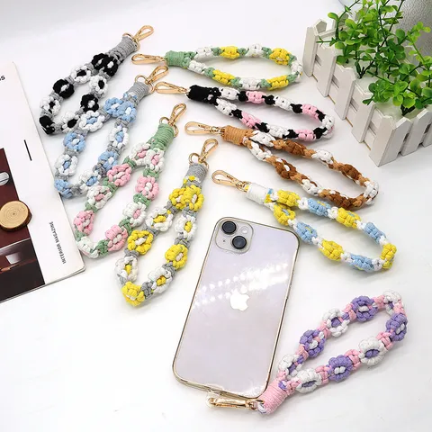Bohemian Handmade Braided Daisy Mobile Phone Strap Cotton Rope Floral Wristband Anti-lost Keychain For Women Bag Charm