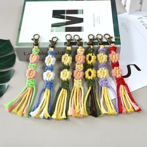 Bohemian Handmade Woven Cotton Rope Flower Keychain Pendant Colorful Floral Macrame Bag Charm With Antique Bronze Clasp For Women Girls Accessory
