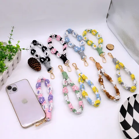 Bohemian Handmade Braided Daisy Mobile Phone Strap Cotton Rope Floral Wristband Anti-lost Keychain For Women Bag Charm