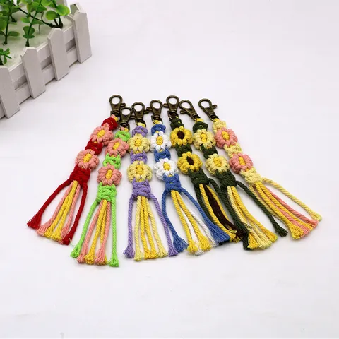 Bohemian Handmade Woven Cotton Rope Flower Keychain Pendant Colorful Floral Macrame Bag Charm With Antique Bronze Clasp For Women Girls Accessory