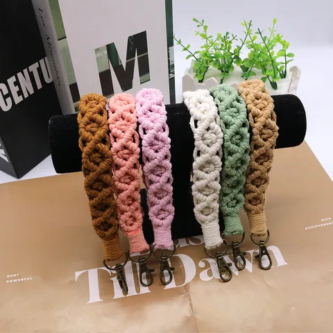 Handmade Woven Cotton Rope Keychain Wristlet Cute Phone Lanyard Bag Strap Braided Charm Accessories