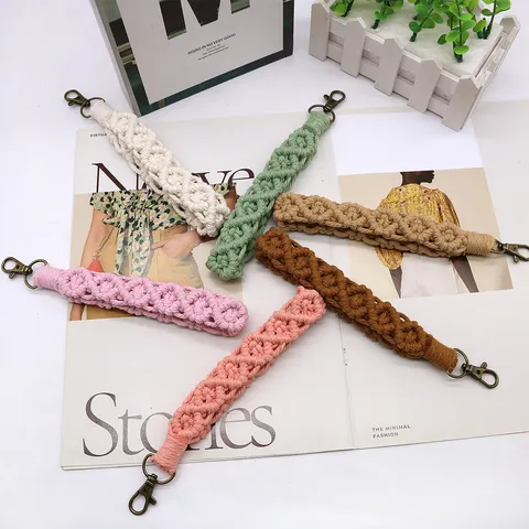 Handmade Woven Cotton Rope Keychain Wristlet Cute Phone Lanyard Bag Strap Braided Charm Accessories