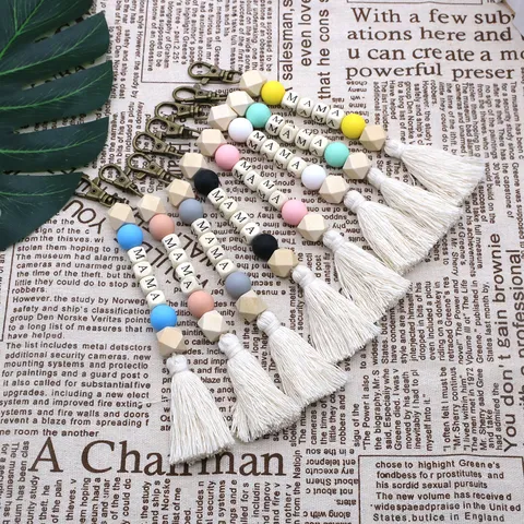 Boho Macaron Wood Letter MAMA Keychain Tassel Beaded Pendant Bag Charm Accessory For Women Gift