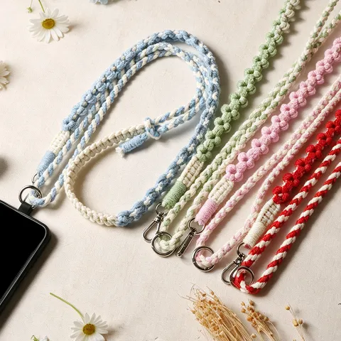 Handmade Braided Phone Lanyard Cute Floral Crossbody Strap Adjustable Neck Chain Phone Charm Bag Strap Accessories For Women