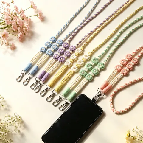 Handmade Crocheted Daisy Phone Lanyard Macrame Cotton Cord Long Crossbody Phone Strap Charm For Women Bags Accessories
