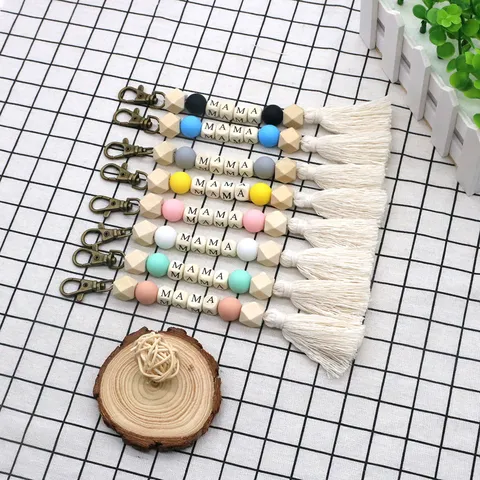 Boho Macaron Wood Letter MAMA Keychain Tassel Beaded Pendant Bag Charm Accessory For Women Gift