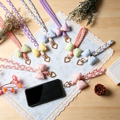 Hand Woven Crossbody Phone Lanyard Cotton Rope Strap With Sweet Bow Knot Heart Shaped Metal Clasp Mobile Accessory For Women
