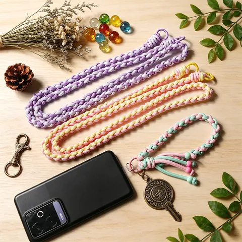 Handmade Woven Cotton Phone Lanyard Contrast Color Crossbody Neck Strap Universal Phone Chain Lanyard For Keys Bags Charm