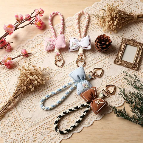 Handmade Woven Bow Keychain With Heart Metal Clasp Macaron Floral Embroidered Bag Pendant Butterfly Key Ring Women Gift