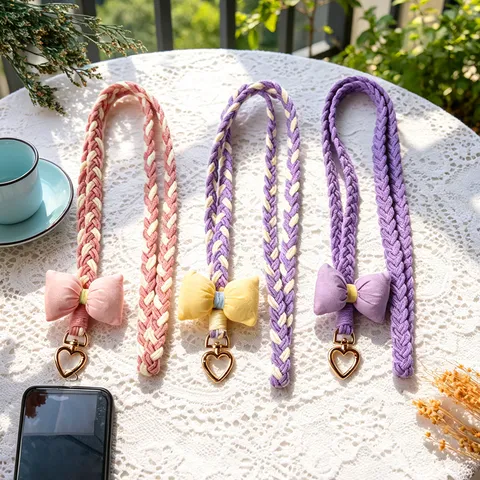 Hand Woven Crossbody Phone Lanyard Cotton Rope Strap With Sweet Bow Knot Heart Shaped Metal Clasp Mobile Accessory For Women