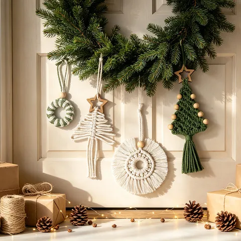Bohemian Handmade Woven Cotton Rope Christmas Tree Ornaments Macrame Tassel Garland Car Hanging Christmas Decorations Gifts