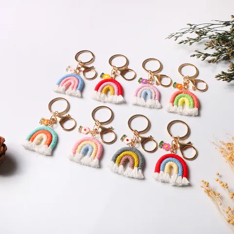 Handmade Woven Rainbow Tassel Keychain Gradient Color Cotton Rope Macrame Bag Charm Flower Pendant Key Ring Gift Jewelry
