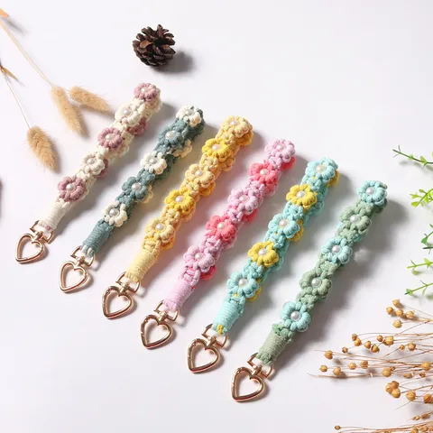 Handmade Woven Cotton Daisy Phone Lanyard Wrist Strap With Artificial Pearl And Heart Shaped Metal Clasp For Women