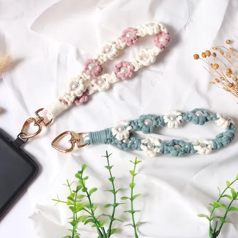 Handmade Woven Cotton Daisy Phone Lanyard Wrist Strap With Artificial Pearl And Heart Shaped Metal Clasp For Women