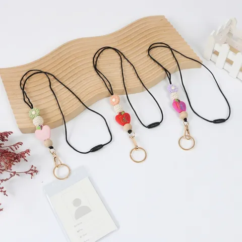 Handmade Silicone Wood Beaded ID Card Lanyard Necklace Keychain Teacher Gift Silicone Daisy Knit Ball Apple Pendant Lanyard Strap With Badge Holder For Office School Women