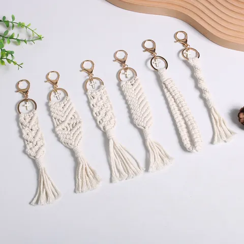 Handmade Woven Cotton Rope Keychain Bohemian Cross Charm Pendant For Women Bag Accessories Nordic Ins Style Macrame Key Ring