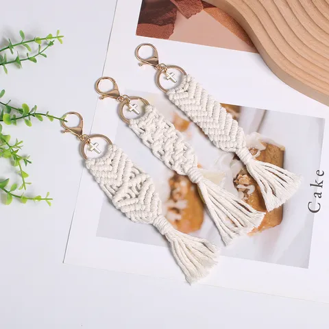 Handmade Woven Cotton Rope Keychain Bohemian Cross Charm Pendant For Women Bag Accessories Nordic Ins Style Macrame Key Ring