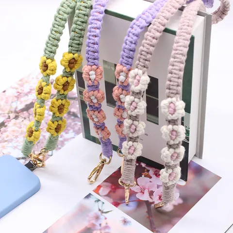 Handmade Woven Daisy Phone Lanyard Strap Cotton Rope Mobile Phone Chain With Gold Alloy Double Buckles For Women Bag Shoulder Strap
