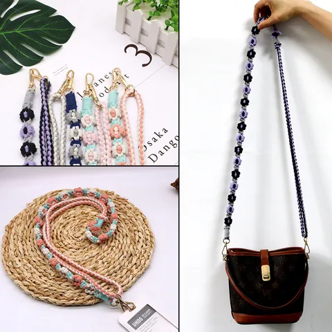 Handmade Woven Cotton Rope Bag Strap Floral Pattern Adjustable Keychain Lanyard Flower Decor Bag Accessories For Women