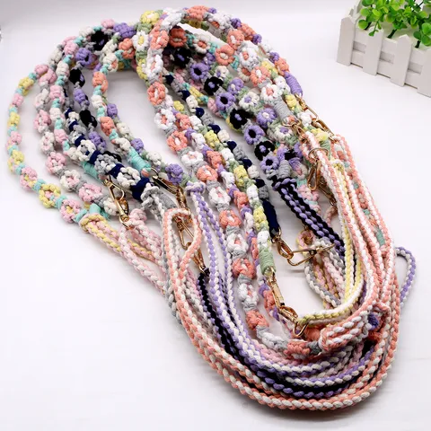 Handmade Woven Cotton Rope Bag Strap Floral Pattern Adjustable Keychain Lanyard Flower Decor Bag Accessories For Women