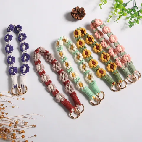 Handmade Woven Daisy Flower Phone Lanyard Bag Strap Cotton Thread Keychain Double Head Clasp Nordic Style Accessory For Women