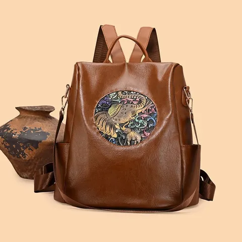 Vintage Diebstahlschutz Rucksack Damen Weiches PU Leder Ethnisch Elefant Muster Bedruckt Lässig Große Kapazität Reisetasche