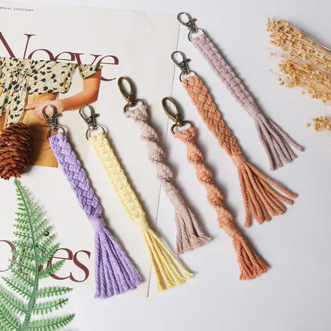 Bohemian Handmade Braided Rope Keychain Tassel Bag Charm Nordic Style Metal Alloy Key Ring Phone Hanging Accessory Gift