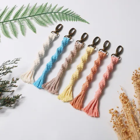 Bohemian Handmade Braided Rope Keychain Tassel Bag Charm Nordic Style Metal Alloy Key Ring Phone Hanging Accessory Gift
