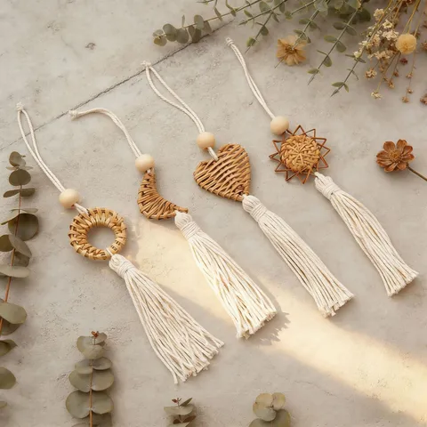 Handmade Bohemian Woven Rattan Wall Hanging Decoration Cotton Rope Tassel Boho Decor For Kids Room Balcony Home Decoration
