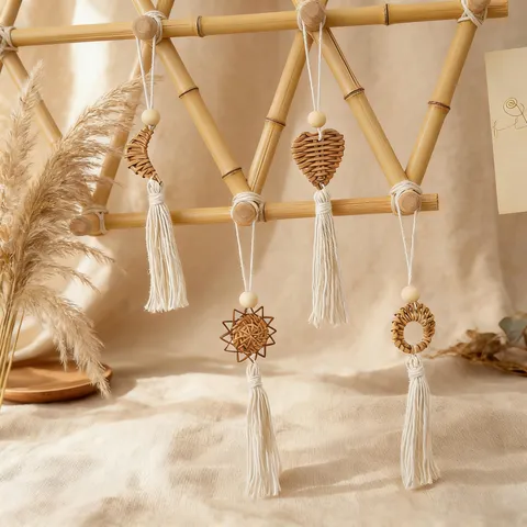 Handmade Bohemian Woven Rattan Wall Hanging Decoration Cotton Rope Tassel Boho Decor For Kids Room Balcony Home Decoration