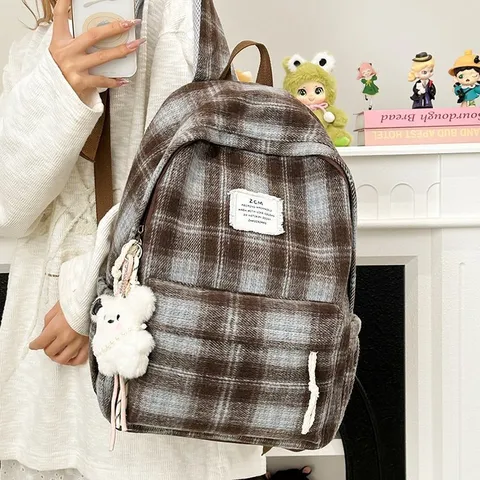 Vintage Striped Plaid Canvas Casual Backpack For Women Retro School Bookbag With Or Without Pendant Fashion Daypack