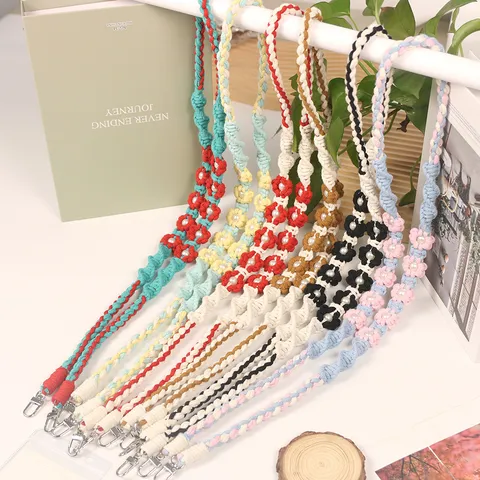 Bohemian Handmade Woven Daisy Flower Phone Lanyard Cotton Polyester Strap With Zinc Alloy Clasp And Artificial Pearl Decorative Crossbody Phone Chain For Women