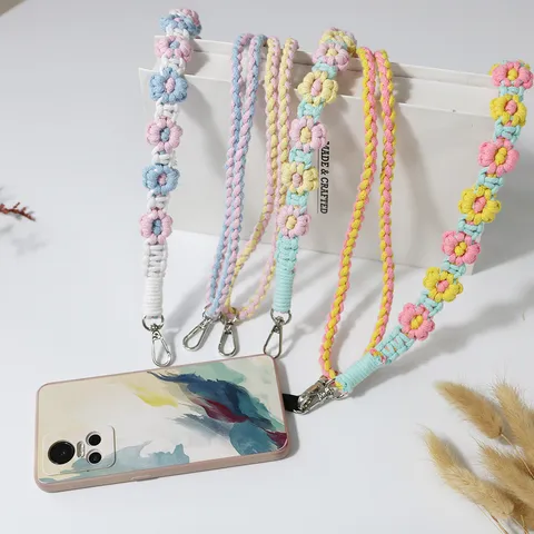 Hand Woven Daisy Flower Phone Lanyard Adjustable Bohemian Style Bag Strap Keychain Multicolor Floral Decorative Rope For Women