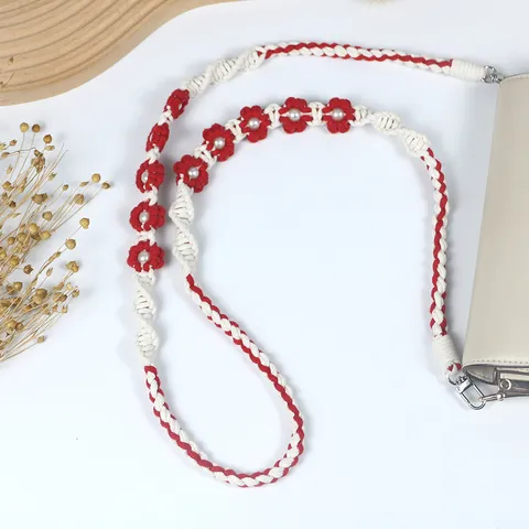Bohemian Handmade Woven Daisy Flower Phone Lanyard Cotton Polyester Strap With Zinc Alloy Clasp And Artificial Pearl Decorative Crossbody Phone Chain For Women