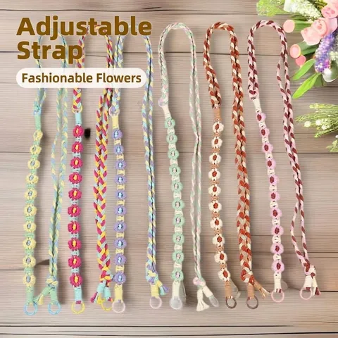 Bohemian Handmade Woven Phone Lanyard Bag Strap With Flower Pattern Adjustable Crossbody Mobile Phone Chain For Women Camera Strap