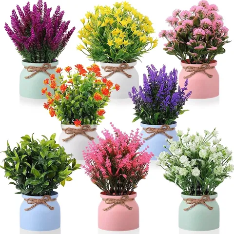 Kunstmatige Potplanten Simulatie Zijde Lavendel Madeliefje Bloemen In Plastic Pot Met Touw Strik Pastorale Stijl Binnen Huis Kantoor Decor Esthetische Simulatie Groen Bureau Ornament
