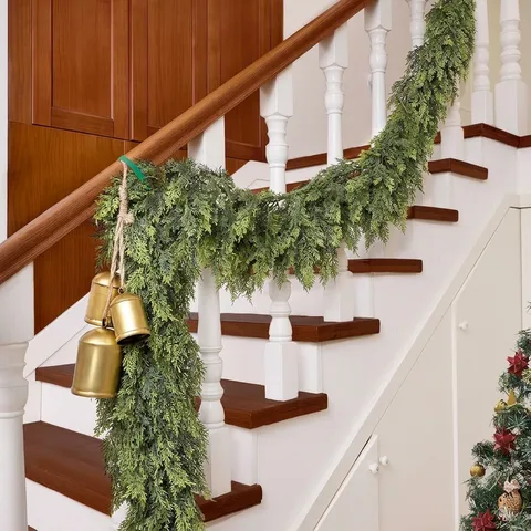 Artificial Christmas Cedar Garland Realistic Soft Glue Pine Needle Rattan For Fireplace Staircase Home Decor Festive Greenery