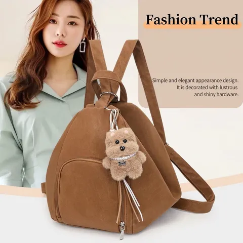 Women Large Capacity PU Leather Backpack Anti-theft Fashion Casual Solid Color Triangle Rucksack With Plush Bear Charm