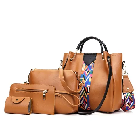 Women Retro Fashion PU Leather Bag Set Includes Tote Shoulder Bag Clutch Card Holder With Colorful Woven Straps For Daily Travel