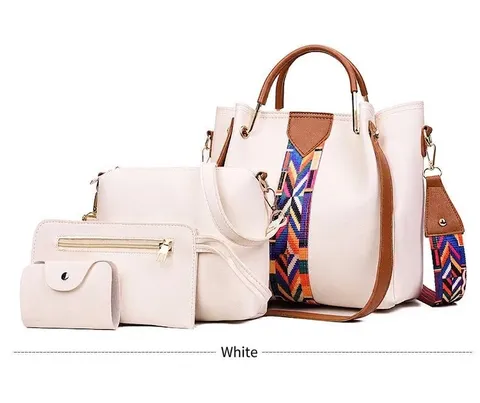 Women Retro Fashion PU Leather Bag Set Includes Tote Shoulder Bag Clutch Card Holder With Colorful Woven Straps For Daily Travel